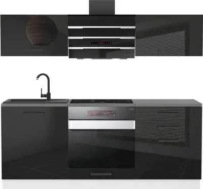 Produktbild von Belini Küchenzeile Küchenblock Sophia - Küchenmöbel 180 cm Einbauküche Vollausstattung ohne Elektrogeräten mit Hängeschränke und Unterschränke, mit Arbeitsplatten, Schwarz Hochglanz