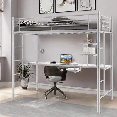 Produktbild von GOPLUS Hochbett aus Metall mit Schreibtisch, 2-in-1 Kinderbett mit Arbeitsplatz, Ablagen, 2 Leitern & durchgehendem Geländer, platzsparender Etagenbettrahmen für Schlafsaal (Weiß)
