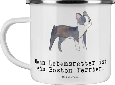 Produktbild von Mr. & Mrs. Panda Kaffeepott Boston Terrier Lebensretter - Weiß - Geschenk, Emaille Becher, Tasse, Campingtasse, Teetasse, Pott