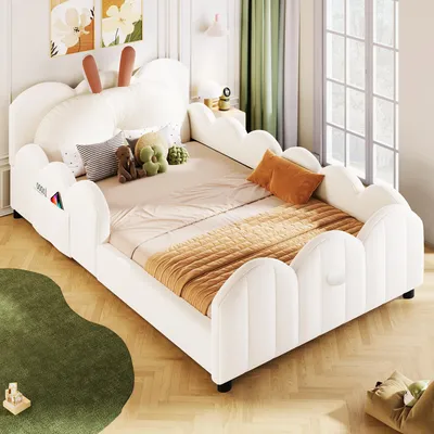 Produktbild von Flieks Kinderbett Polsterbett 90x200cm mit Kissen, Einzelbett Bodenbett mit Lattenrost und Rausfallschutz, Kinderbett mit Samtbezug, Beige