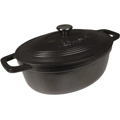 Immagine prodotto di Casseruola VeoHome in ghisa smaltata, nera, opaca, ovale, molto resistente, adatta a induzione/gas/forno, cottura uniforme, autentica