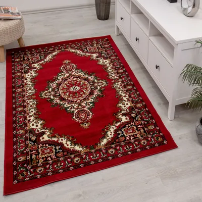 Produktbild von Orient Teppich rot beige grau schwarz klassisch dicht gewebt mit Ornament und Blumenmotiven