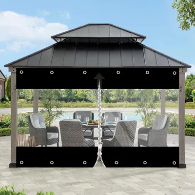 Zdjęcie produktu dla Przezroczysta folia PVC, 2,4 x 2,4 m, czarna, z oczkami i zamkiem błyskawicznym, idealna na taras, pawilon lub balkon