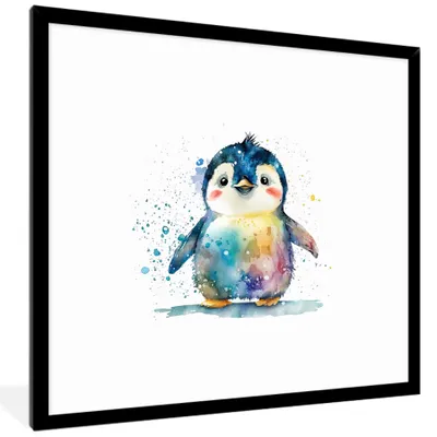 Produktbild von MuchoWow® Gerahmtes Poster Pinguin - Regenbogen - Aquarell - Tiere - Kinder 40x40 cm - Poster mit Schwarzem Bilderrahmen Wandposter Rahmen Foto Bilder - Mit Rahmen - Wanddekoration Schlafzimmer