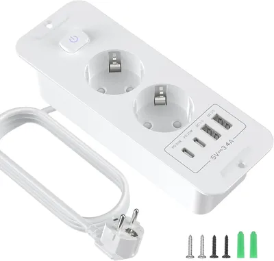 Produktbild von Einbausteckdose – 2-fach Tischsteckdose mit USB-A und USB-C, 2 Meter Kabel – Einbausteckdosenleiste für Büro – Zuhause (weiß)