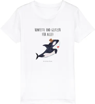 Produktbild von Mr. & Mrs. Panda Kleinkinder T-Shirt Orca Zylinder 9-11 Jahre (134/146) - Weiß - Geschenk, Geburtstag, Glückwunsch, Konfetti, Kinder Shirt, Baumwoll, Glitter, Kindershirt