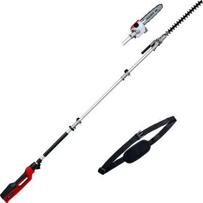 A telescopic hedge trimmer with interchangeable chainsaw and hedge trimmer attachments, shown with a shoulder strap.