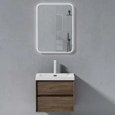 Image de doporro Meuble de Salle de Bains Chêne Ensemble de 3 Pièces Meuble avec Lavabo et Miroir LED Meuble sous-lavabo Suspendu 60cm avec Soft-close Design Rimo
