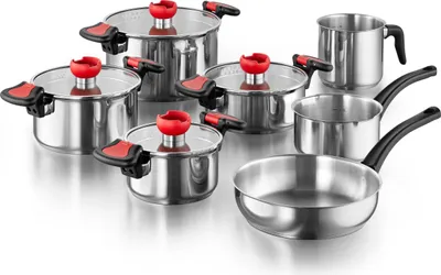 A collection of stainless steel pots and pans with red handles and lids, arranged on a white background.