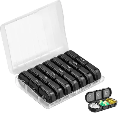 Produktbild von Tablettenorganizer, 21 Fächer Aufbewahrung, Tragbare Medikamentenbox, weiß schwarz