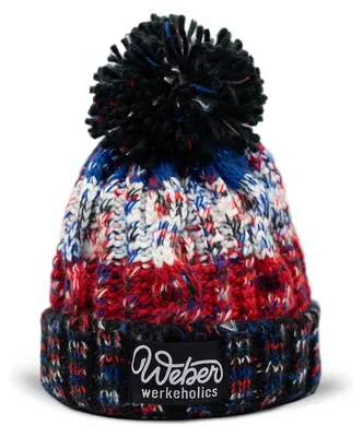 Produktbild von Weber #Werkeholics Bommelmütze Blau Rot | Strickmütze Wintermütze mit Shearling Futter | Warme Uni Mütze mit Bommel für Damen & Herren