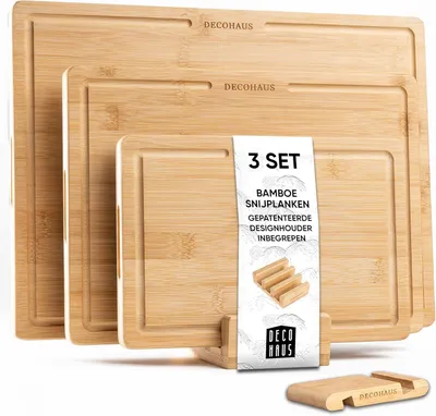 Productafbeelding van Snijplankenset 3 stuks, bamboe, 40x30, 33x24 en 26x18 cm, sapgroef, voor vlees