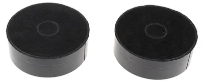 Two round black charcoal filters for a kitchen hood or similar appliance, presented against a white background.