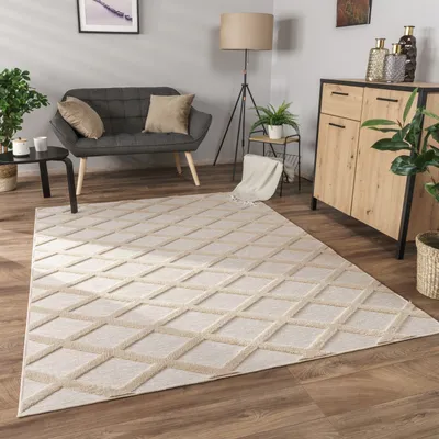 Produktbild von Teppich Wohnzimmer Schlafzimmer Kurzflor Boho Skandi Raute 3D Grau Anthrazit Grösse 60x100 cm
