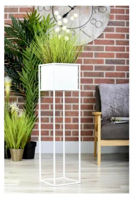 Produktbild von Weißer Blumenständer aus Metall | Pflanzenständer 100 cm hoch mit Metallbox 19,5 x 20,5 cm | Blumentopfständer im Loft-Stil für die Wohnraumgestaltung