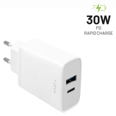 Imagen del producto de Cargador de red FIXED con puertos USB-C y USB, compatible con PD, 30W, color blanco