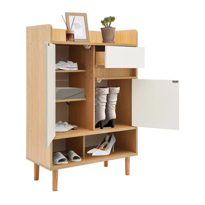 Zdjęcie produktu dla Szafki na buty 60*32*90cm Stojak na buty z drzwiami Wolnostojąca szafka na buty (kolor drewna wiśniowego + biały)