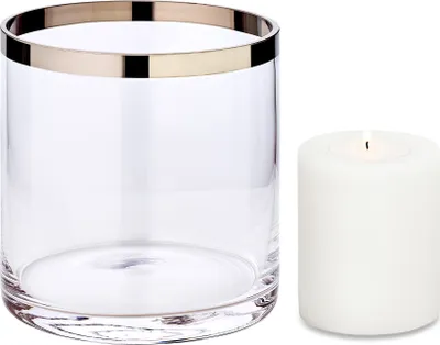 Produktbild von Windlicht Molly (Höhe 15 cm, ø 15 cm), Kristallglas mit Platinrand, Plus Dauerkerze Cornelius H 9 cm