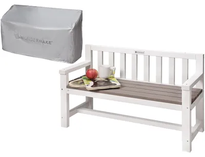 Produktbild von Kinderbank Gartenbank Holzbank - 90 x 32 x 55 cm - Weiß und Grau - Mit Schutzhülle - Wetterfest für Außen und Innen