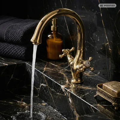 Produktbild von PaulGurkes Waschtischarmatur Spültischarmatur Gold Retro Antik Küchenarmatur Zweigriffmischer