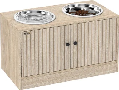 Obrázek produktu pro PawHut – zvýšená miska pro psy s úložným prostorem, 2 misky, dub