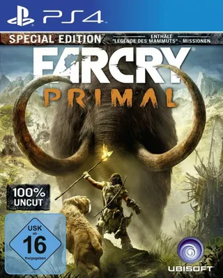 The cover art for the video game Far Cry Primal Special Edition for PS4, featuring a mammoth and a caveman.