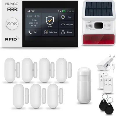 Immagine prodotto di HUXGO HXA007 Sistema di allarme casa WiFi + GSM 4G con sirena wireless, sistema di allarme con 1x sensore di movimento e 7x sensore porta-finestra, sistema di allarme per appartamento, casa, garage, Tuya Smartlife App