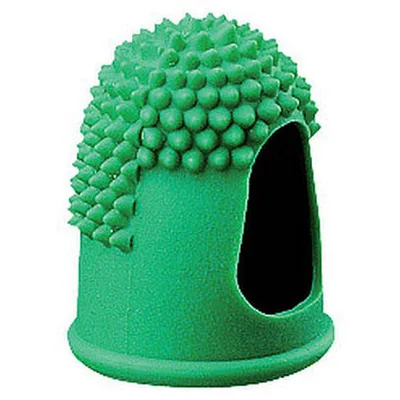 A green finger cot with a textured, spiky top and an opening on the side.