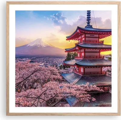 Produktbild von Gerahmtes Poster - Rahmen in heller Eiche - Fuji Choreito Pagode - 60x60 cm - Wand Bild - Wanddeko - Wandbilder - Kunstposter - Wandposter - Bilderrahmen - Bilder - Kunstdruck - P2NAC60x60-4547