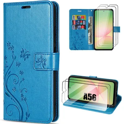 Image de Coque + 2 Verres Trempés pour Samsung Galaxy A56 5G, Protection Anti-Rayures Antichoc Synthécuir Relief Floral - Bleu