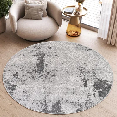 Image de Tapis SKY Rond Moderne Gris Clair Beige Salon 100 x 100 cm