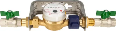 Produktbild von Einstrahlzähler ETK Kombi-Set (Warmwasser) bis 90 Grad Länge 110 mm, inkl. Bügel Edelstahl, Kugelhähne 1/2 Zoll, Plombierschelle