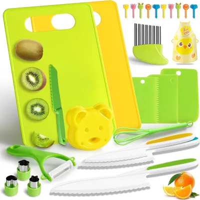 Produktbild von 27-teiliges Kinderküchenmesserset - Kindermesser zum Schneiden und Kochen von Gemüse oder Obst - Kleinkinderschneidewerkzeug