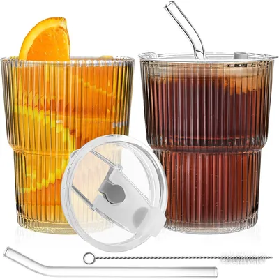 Produktbild von Eiskaffee Glas 380 ml, 2er Set, mit Deckel und Strohhalm, Rillenstruktur, für Kaltgetränke
