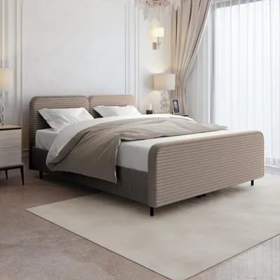 Image de Lit double LEA 140x200 Lit rembourré avec coffre de rangement, matelas et surmatelas – TILIA - Tissu d'ameublement Cappuccino