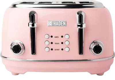 A pink Haden toaster is shown against a white background.