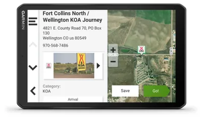 A Garmin GPS device displaying a map and location details for a KOA campground.