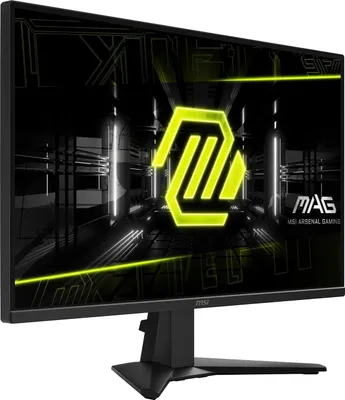 A computer monitor with a futuristic, neon-lit background displayed on its screen.