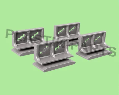 Four gray plastic sliders for a garden shed, arranged diagonally on a green background.