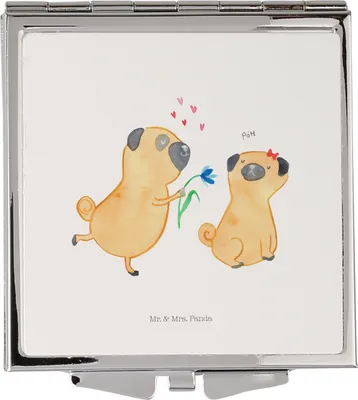 Produktbild von Mr. & Mrs. Panda Handtaschenspiegel quadratisch Mops Verliebt - Weiß - Geschenk, Klappspiegel, Hund, Knuffig, Kosmetikspiegel, Frauen Spiegel, Kleiner, Taschenspiegel