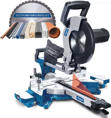 A miter saw with a collection of materials it can cut, presented against a white background.