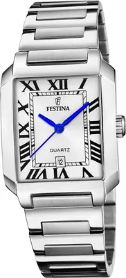 A product shot of a silver Festina watch with a white face and Roman numerals.
