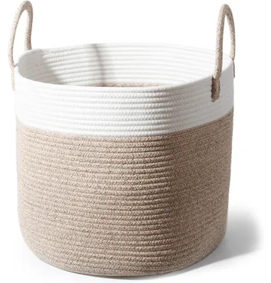 Productafbeelding van Wasmand van katoen met handgrepen, gevlochten opbergmand, afmetingen 40 cm (diameter) x 34 cm (hoogte), bruin