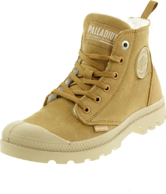 A single brown Palladium boot is shown against a white background.