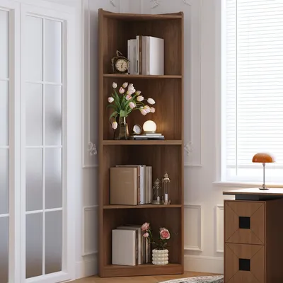 Image de Étagère d'angle 55x32x180, en MDF, avec système anti-basculement, gain de place, meuble d'angle haut, bibliothèque (en bois imitation noyer)