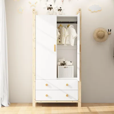 Image de Flieks Armoire avec tringle et 2 tiroirs, penderie 2 portes chambre à coucher penderie d'entrée pour salon, blanc