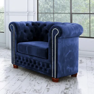 Produktbild von S-STYLE MÖBEL - Chesterfield Jutta Sessel aus Marineblau Samt-Stoff mit Holzfüßen, B/T/H: 94 cm/ 86 cm/ 72 cm