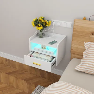 Produktbild von 1x Hängender LED Nachttisch,Schwebender Nachtschrank mit Steckdose,Beistelltisch Holz moderner Nachttisch für Schlafzimmer 40x30x30cm Weiß