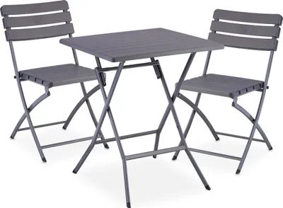Immagine prodotto di Set di mobili da balcone Relaxdays, 3 pezzi, 1 tavolo e 2 sedie, pieghevoli, set da giardino effetto legno, acciaio e plastica, grigio