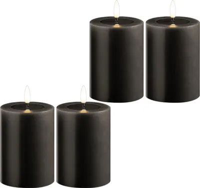 Produktbild von 4 Set LED Stumpenkerze mit Timer 6 Stunden grau Echtwachs LED warmweiß 7,5cm ø 10cm Höhe - 2 AA Batterien nötig LED Echtwachskerze mit Flackereffekt flammenlose Stumpenkerze LED Kerze schmal